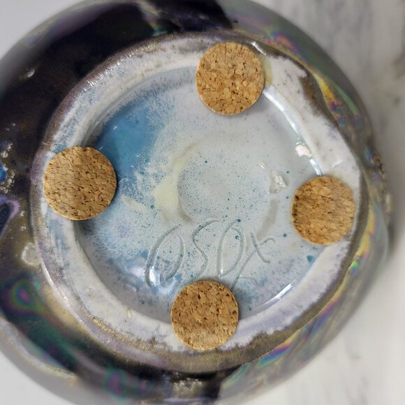 STUNNING VINTAGE IRIDESCENT STERLING SILVER FOLD OVER POTTERY CERAMIC VASE DISH - Picture 16 of 16